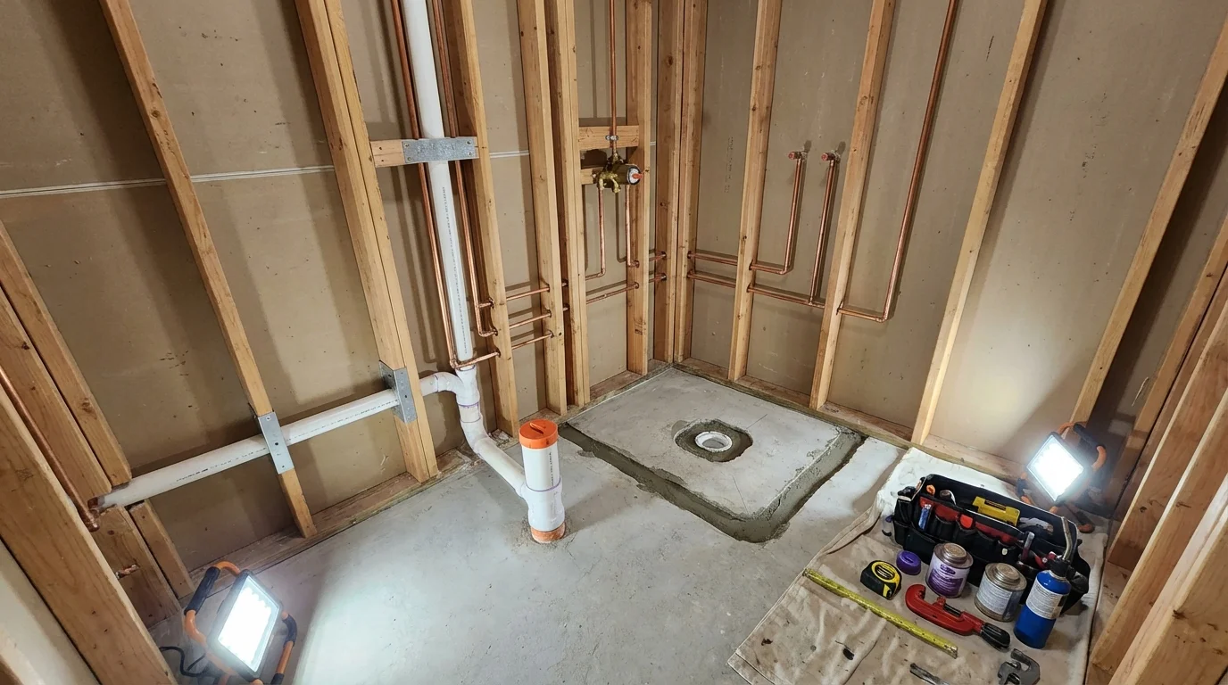 Bathroom rough-in plumbing during remodel by Johns Plumbing LLC in Bogart