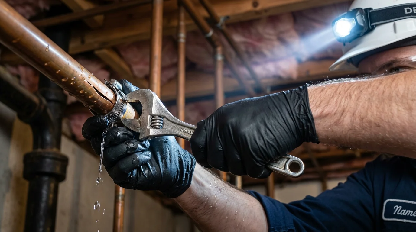 Emergency pipe clamp repair being performed by a Johns Plumbing LLC plumber in Bogart
