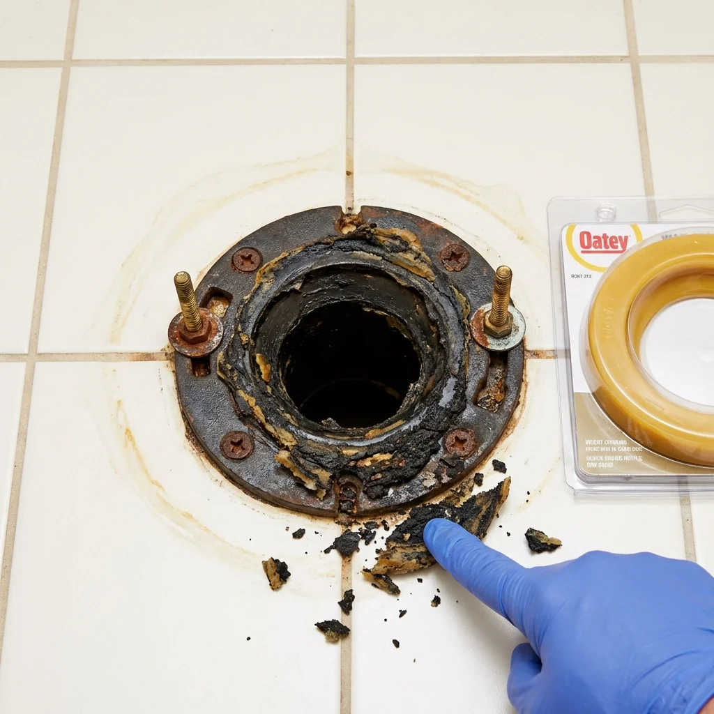 Failed wax ring showing water seepage at the base of a toilet in a Bogart, GA home