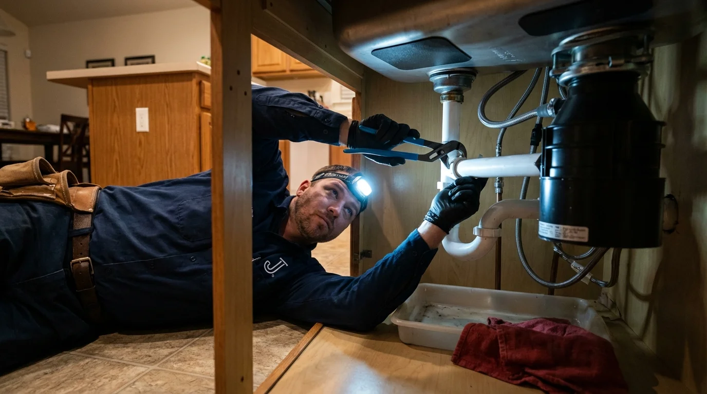 P-trap and supply line connections under a kitchen sink showing a common leak point in Bogart, GA